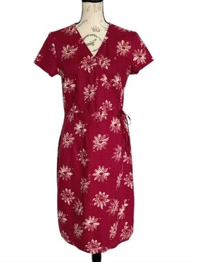 Eddie Bauer 100% Linen Red Floral Wrap Dress Size 10 Boho Casual Resort